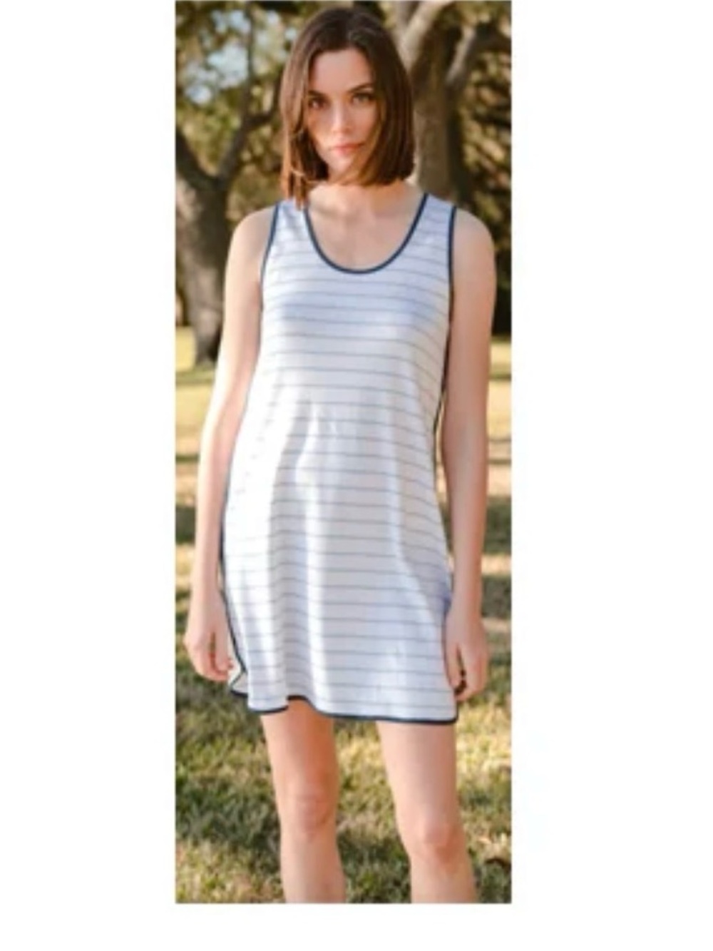 LAKE 100% Cotton White & Navy Striped Scoop Neck Sleep Dress